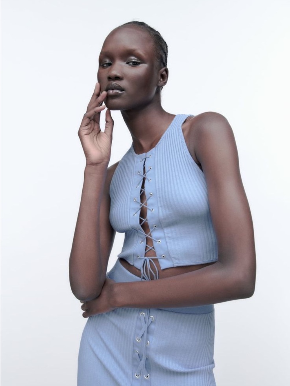 Zara Light Blue Ribbed Lace-Up Tank